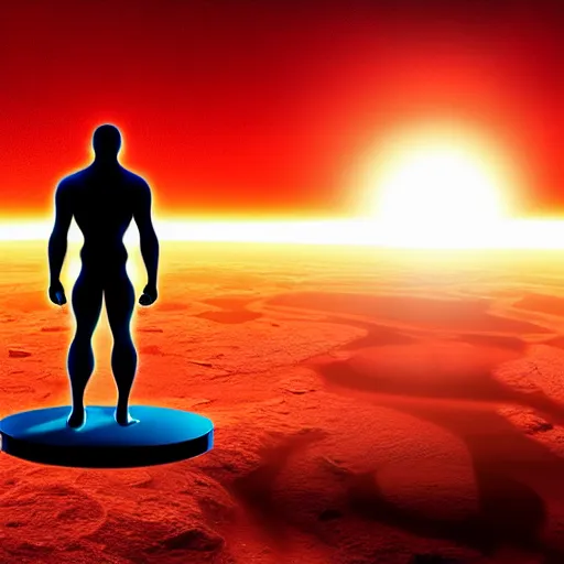 Image similar to Contemporary digital art Highly detailed Dr.Manhattan character from Watchmen watching on a beautiful sunrise on mars. Volumetric light