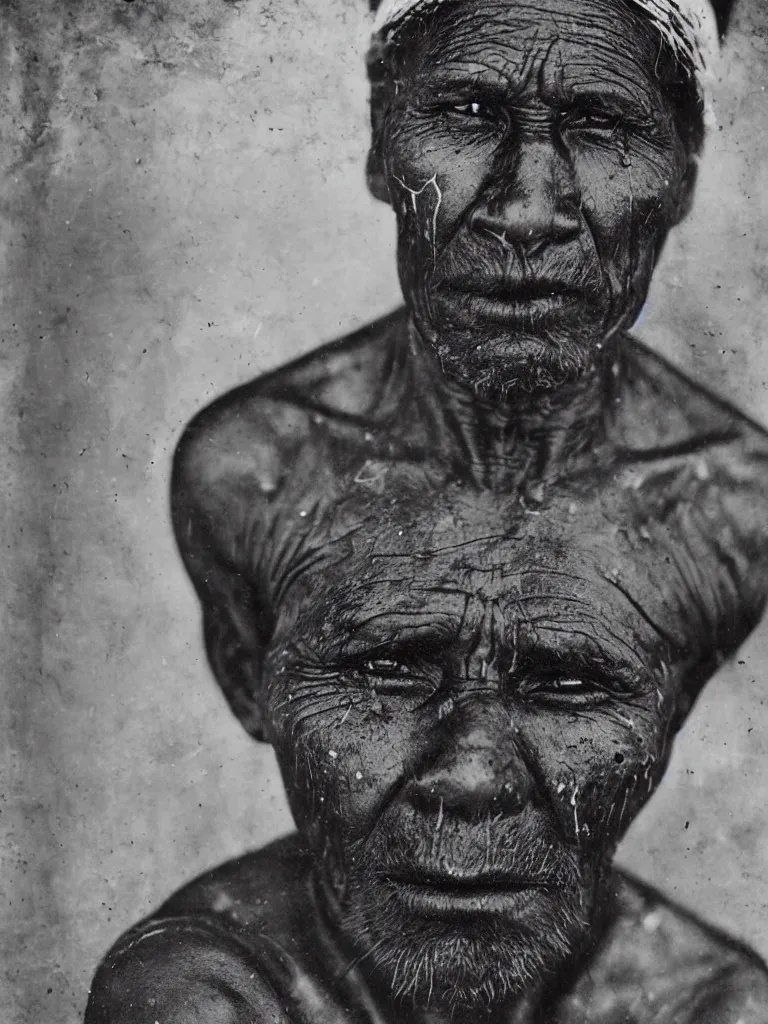 Prompt: a faded old black and white wet plate photo of an australain indigenous man,