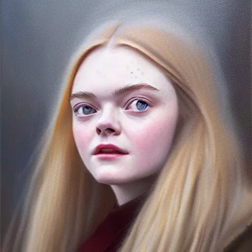 Prompt: portrait of elle fanning in the city during christmas, detailed realism face in painting, detailed beautiful portrait, oil painting masterpiece, 8 k resolution, smooth, sharp focus, trending on artstation, by rembrandt