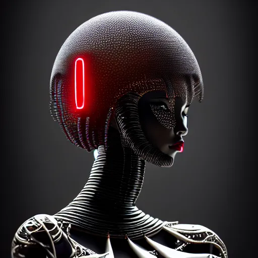 Image similar to portrait of an absurdly beautiful, graceful, sophisticated, fashionable black cyberpunk mechanoid gravure idol, hyperdetailed illustration by irakli nadar, adut akech, matt wisniewski style, intricate linework, dark black porcelain skin, jellyfish headdress, unreal engine 5 highly rendered, global illumination, red light, detailed and intricate environment