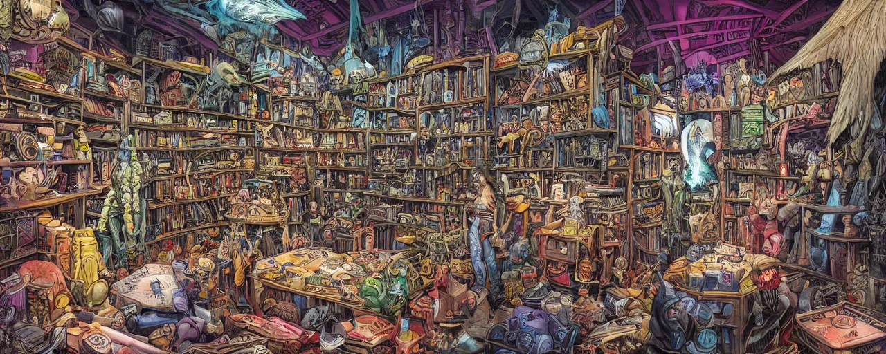 Prompt: interior view of a massive fantasy item storehouse that contains mysterious magical mystical items, highly organized, smooth, sharp focus, high contrast, colourful, graphic novel, art by pepe larraz,