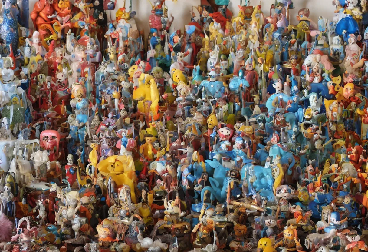 Image similar to vintage collection of 1 9 6 0 s cartoon occult sculpture toys on display