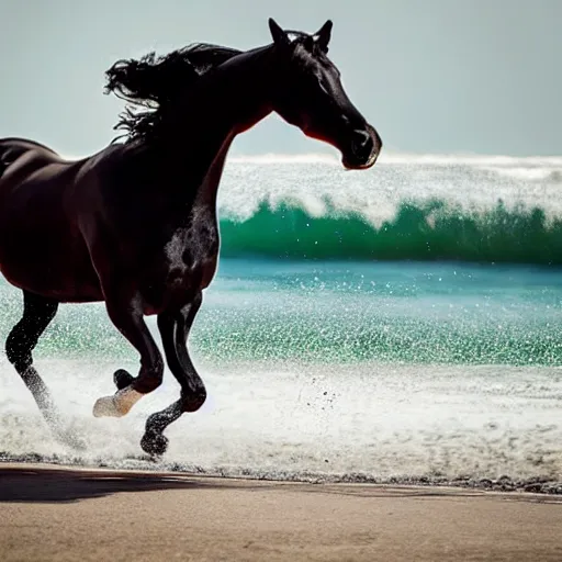 Image similar to an arabian black horse running in front of a sea, wind in its mane, on the beach, the sun is exploding, smoke everywhere