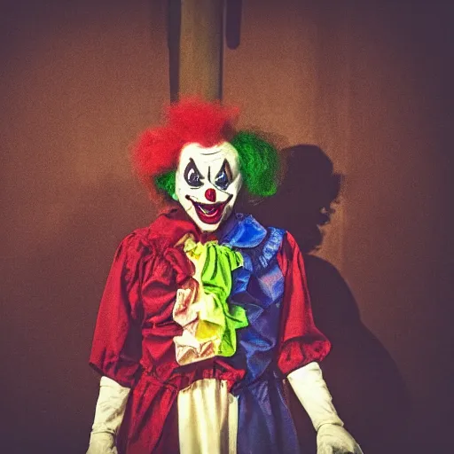 Prompt: Creepy clown attends church at night