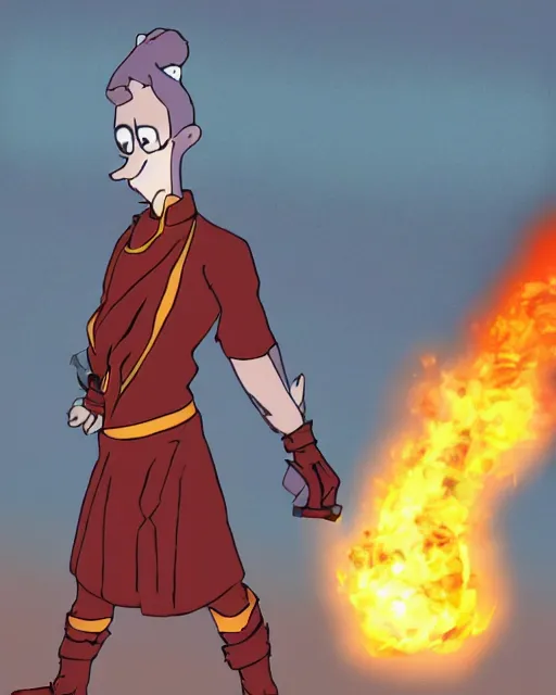 Prompt: [ [ [ [ [ [ squidward ] ] ] ] ] ] wearing fire nation clothing and practicing firebending outside at susnset