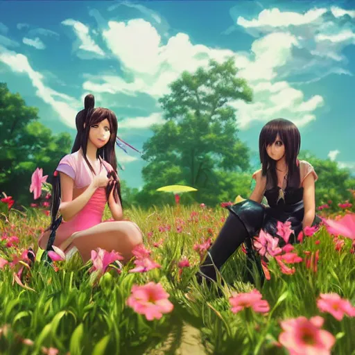 Image similar to aerith and yuffie from final fantasy 7 remake by ross tran, sitting in a flower field by ilya kuvshinov, rtx reflections, maya, extreme high intricate hyperrealistic details by wlop, medium shot, composition by sana takeda, dramatic lighting by greg rutkowski