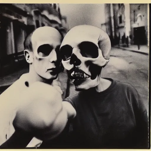 Prompt: selfie with a skull and an angel in the street of Night Vale, polaroid photo, by Warhol,