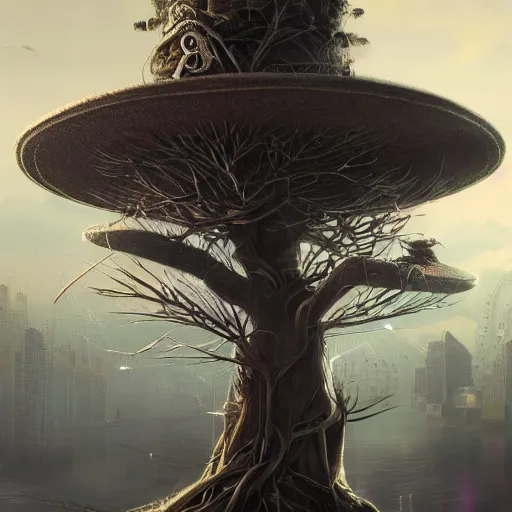 Image similar to hat tree, aatree that is growing hats, highly detailed, illustration, sci - fi art, cyberpunk, epic, realistic, intricate, hyper detailed, artstation, concept art, smooth, sharp focus, ray tracing