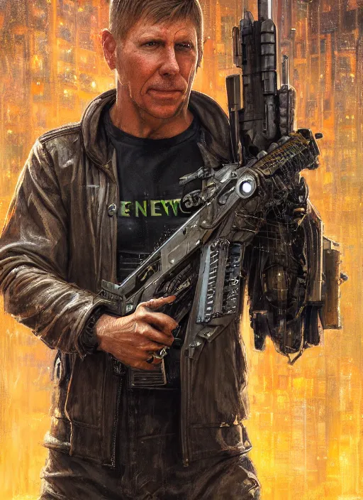 Image similar to kent hovind. cyberpunk mercenary in a cyberpunk jumpsuit ( blade runner 2 0 4 9, cyberpunk 2 0 7 7 ). orientalist portrait by john william waterhouse and james gurney and theodore ralli and nasreddine dinet, oil on canvas. cinematic, hyper realism, realistic proportions, dramatic lighting, high detail 4 k