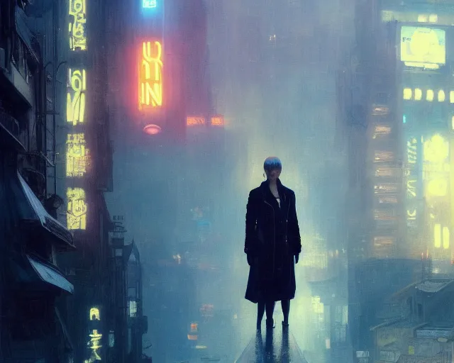 Image similar to 2 0 1 8 blade runner movie still girl look at the cityscape from roof perfect face fine realistic face pretty face neon puffy jacket blue futuristic sci - fi elegant by denis villeneuve tom anders zorn hans dragan bibin thoma greg rutkowski ismail inceoglu illustrated sand storm alphonse mucha