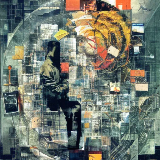 Image similar to a thrush wandering within the virtual realms of urban informatics and computational social science, oil on canvas by dave mckean and yoji shinkawa