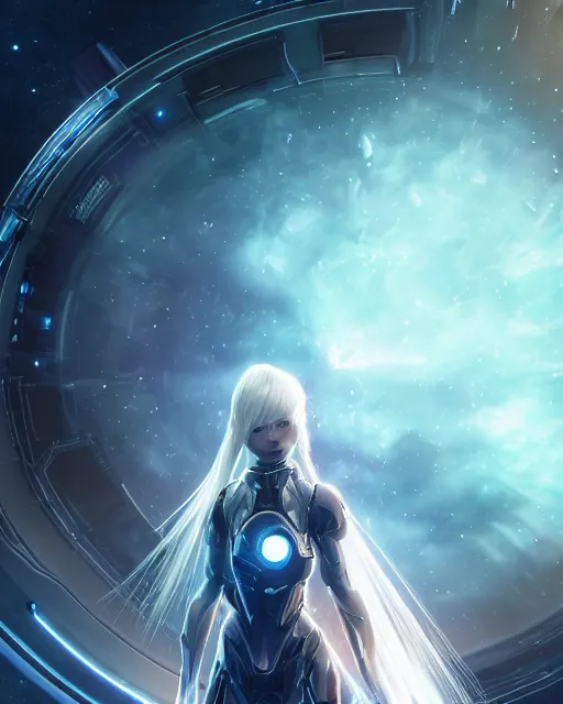 Image similar to photo of a android girl on a mothership, warframe armor, beautiful face, scifi, nebula, futuristic background, galaxy, raytracing, dreamy, focused, sparks of light, pure, long white hair, blue cyborg eyes, glowing, 8 k high definition, insanely detailed, intricate, innocent, art by akihiko yoshida, li zixin, woo kim