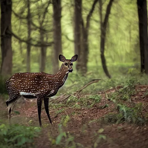 Image similar to a beautiful spotted deer with rocket launchers in the woods, canon eos c 3 0 0, ƒ 1. 8, 3 5 mm, 8 k, medium - format print