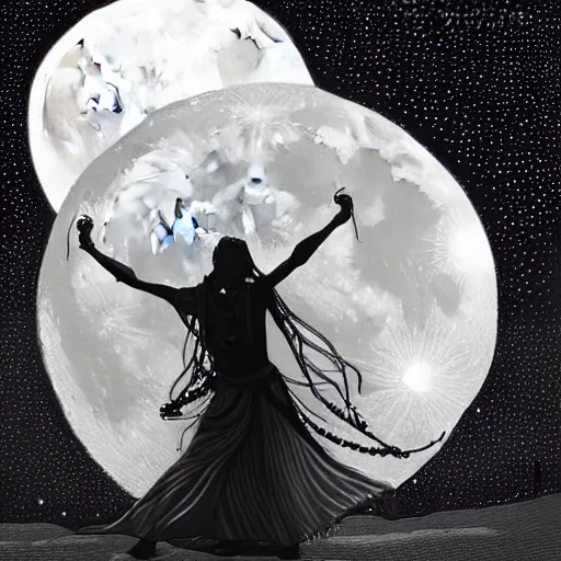 Prompt: a shaman dancing with light, highly detailed moon fills the background, by Christope Vacher