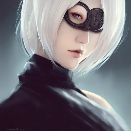 Image similar to Beautiful portrait of 2B from Nier Automata in the style of Charlie Bowater, wearing a blindfold, fully clothed, trending on artstation, digital art
