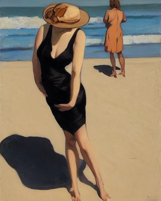 Image similar to woman on the beach in black dress, full body, leyendecker style, camera glare in oil style,