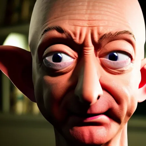 Image similar to Jeff Bezos as Dobby, pointy ears, looking scared, 4k movie shot,