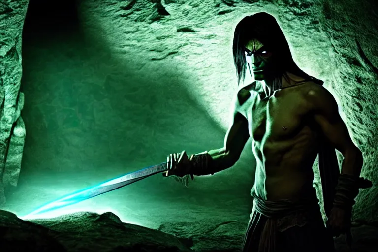 Image similar to vfx film, soul reaver, raziel irl, price of persia movie, missing jaw, hero pose, devouring magic souls, glowing green soul blade, in epic ancient sacred huge cave temple, flat color profile low - key lighting award winning photography arri alexa cinematography, hyper real photorealistic cinematic beautiful, atmospheric cool colorgrade