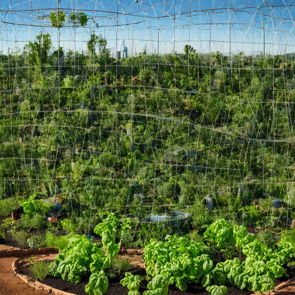 Prompt: terraformation project, permaculture, torus shaped electrostatic water condensation collector tower, irrigation system in the background, vertical vegetable gardens under shadecloth and hexagonal frames, in the middle of the desert, XF IQ4, 150MP, 50mm, F1.4, ISO 200, 1/160s, natural light