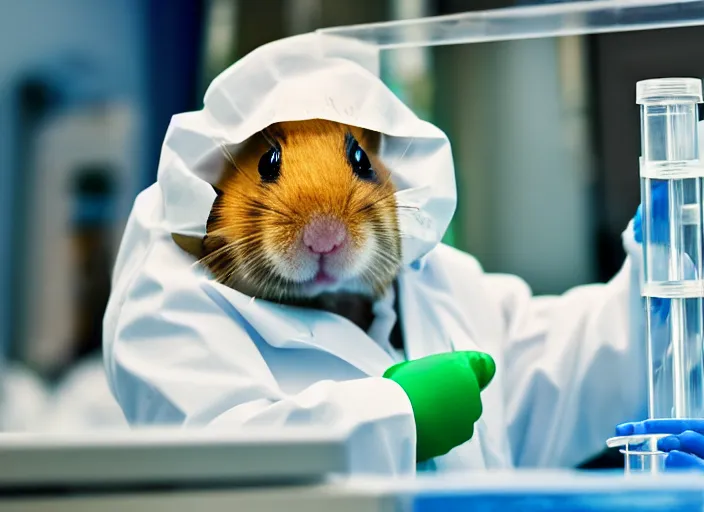 Image similar to film still of a hamster working in a research lab filling test tubes, 8 k