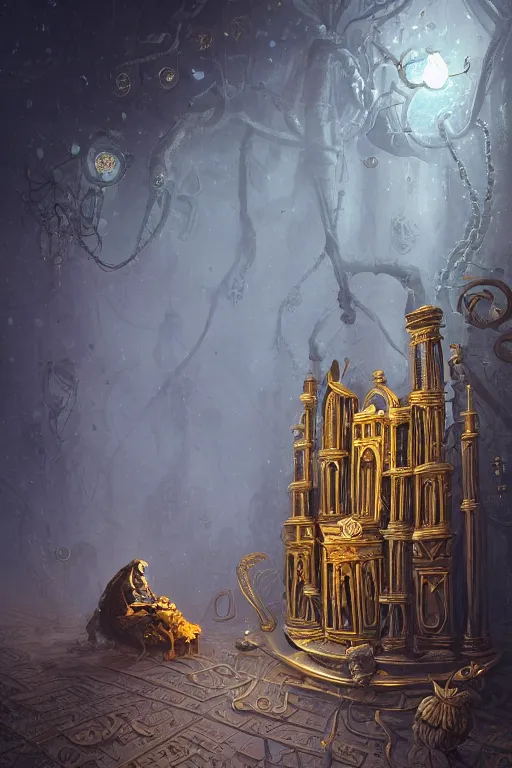 Prompt: illustration of close low angle view of an ornate obsidian gothic pipe organ with gold spidery embellishments, night, smoke, ground fog, by peter mohrbacher, by alex andreev, by jacek yerka, by vincent di fate, large depth of field, super detailed, digital art, trending on artstation, ornate