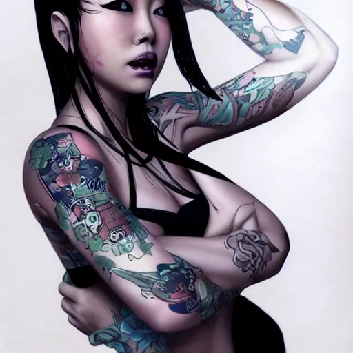 Prompt: pretty asian woman with a black ponytail, tattoos on arms, cybernetic spinal implant, concept art,