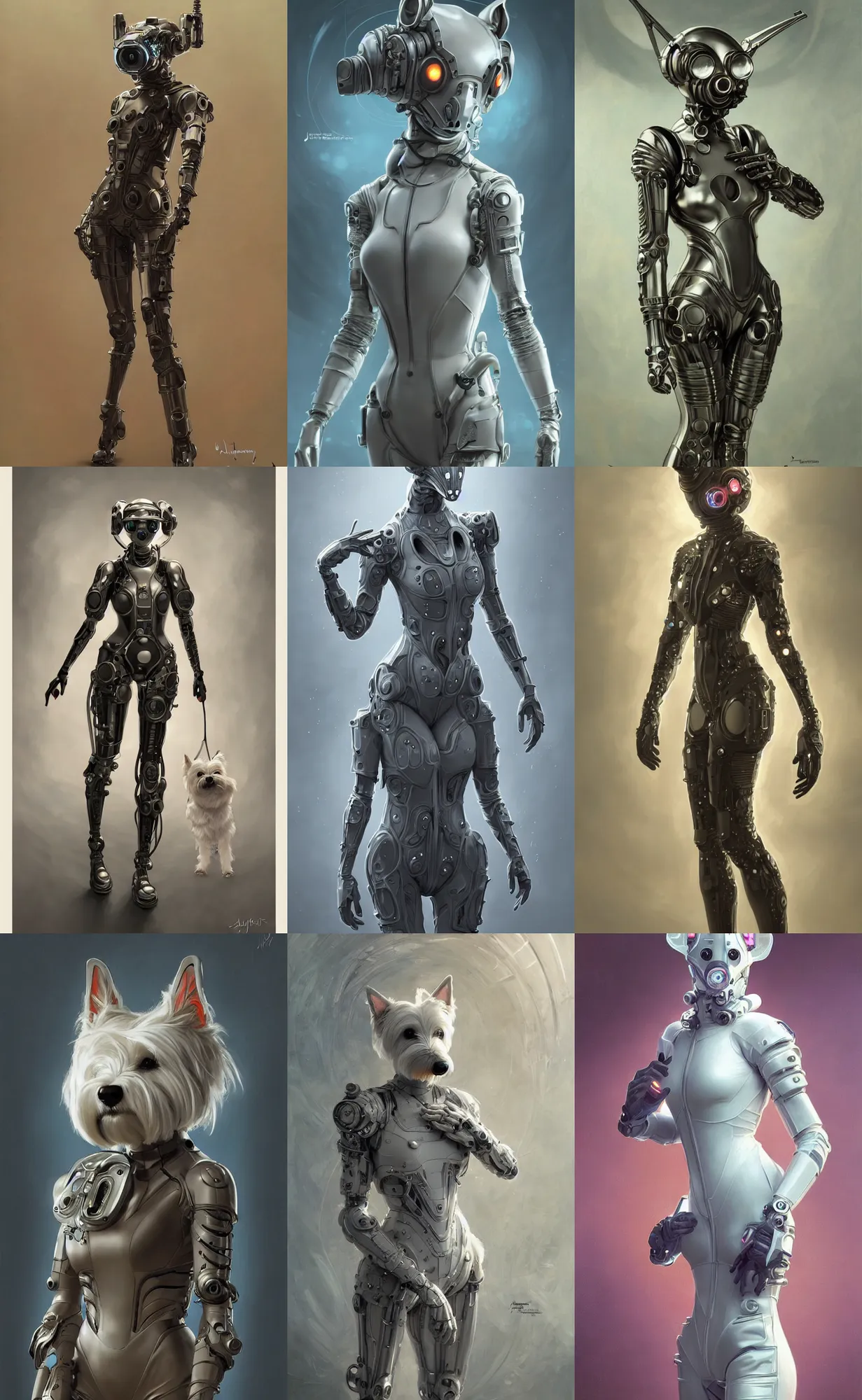 Prompt: an anthropomorphic cyber westie wearing eva plugsuit, diffuse lighting, fantasy, intricate, elegant, highly detailed, lifelike, photorealistic, digital painting, artstation, illustration, concept art, smooth, sharp focus, art by john collier and albert aublet and krenz cushart and artem demura and alphonse mucha