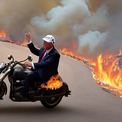 Prompt: Donald trump in a fire-y landscape, riding a motorbike without the helmet on