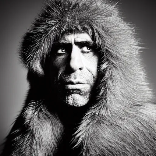 Prompt: Photo portrait Joe Rogan as a wax neanderthal cave man exaggerated brow wrapped in fur cloak in the national science museum background dramatic lighting 85mm lens by Steve McCurry