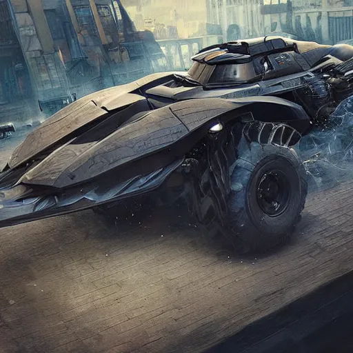 Image similar to the batmobile as a truck, au naturel, hyper detailed, digital art, trending in artstation, cinematic lighting, studio quality, smooth render, unreal engine 5 rendered, octane rendered, art style by klimt and nixeu and ian sprigger and wlop and krenz cushart