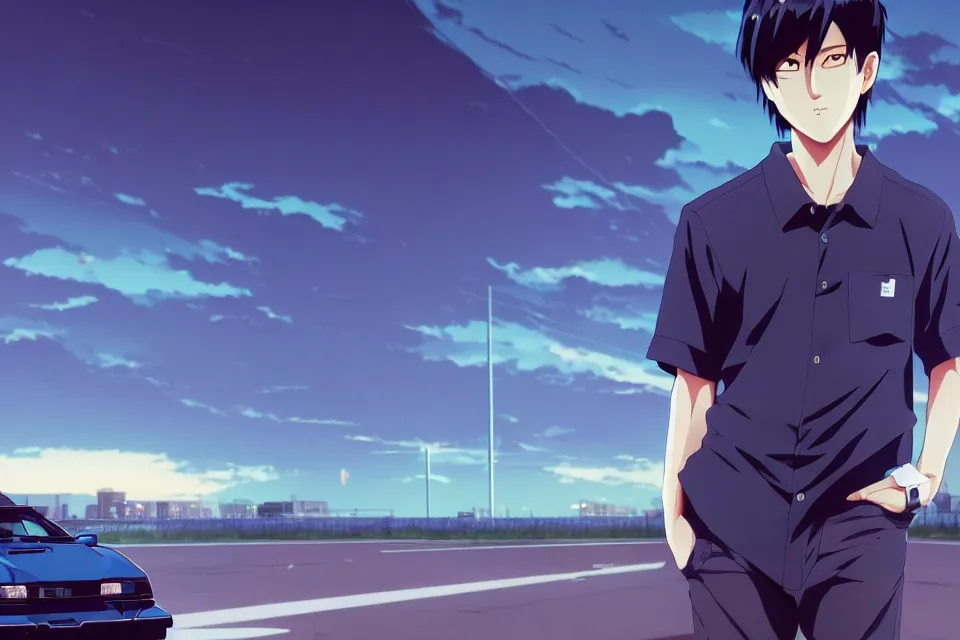Image similar to aesthetic illustration of very serious ryosuke takahashi with black hair wearing a dark blue shirt standing near mazda rx 7 on an empty highway at dusk, cinematic lighting, initial d anime 1 0 8 0 p, detailed anime face, high detail, 9 0 s anime aesthetic, volumetric lights, unreal engine 5 render, pinterest wallpaper, trending on artstation