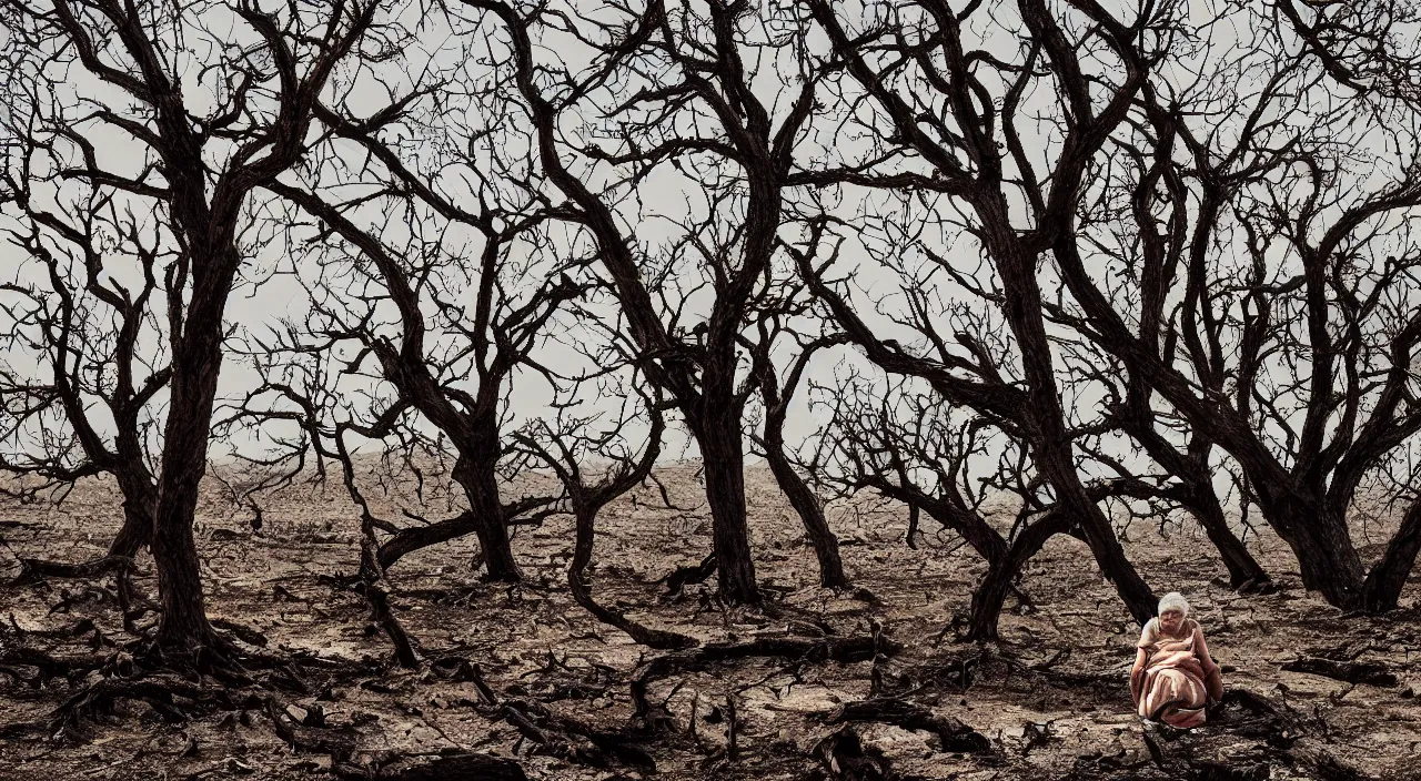 Prompt: medium shot of a 65-year-old Gaia, crying one single tear, facing the camera and sitting on a dried up river in a desolate land, dead trees, blue sky, hot and sunny, highly-detailed, elegant, dramatic lighting, artstation, 4k, cinematic landscape, photograph by Elisabeth Gadd