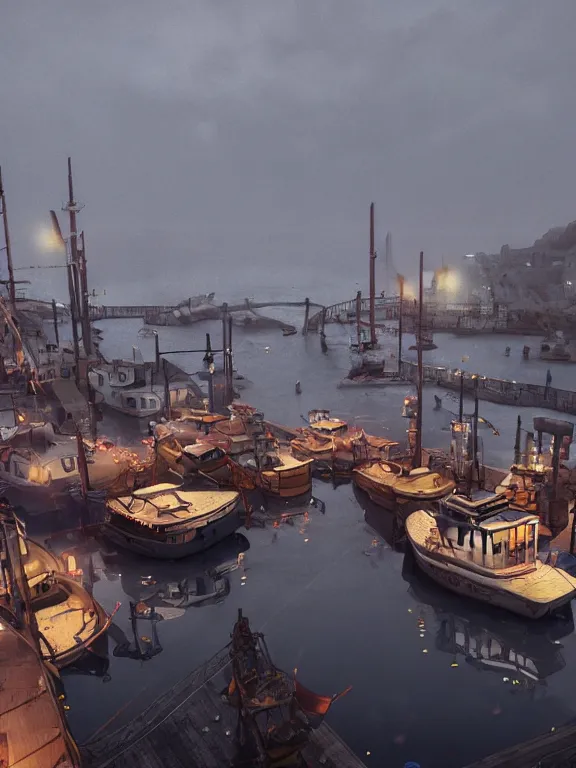 Image similar to photo of 8k ultra realistic harbour, port, boats, heavy rain, , night, full of colour, cinematic lighting, battered, trending on artstation, 4k, hyperrealistic, focused, extreme details,unreal engine 5, cinematic, masterpiece, art by studio ghibli