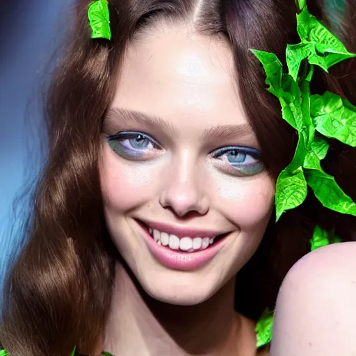 Prompt: A beautiful portrait of Emily Didonato smiling as Poison Ivy from Batman at Chanel & maybelline fashion show as a model Spring/Summer 2018, highly detailed, in the style of cinematic, Milan fashion week backstage, Extreme close up, Makeup by Pat McGrath, Hair by Guido Palau, Greg rutkowski