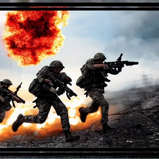 Image similar to hyper realism, realistic apocalyptic war scene, explosions, soldiers running