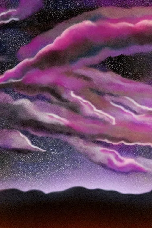 Prompt: matte painting layered night sky. Stars and a swirly thin cloud. pink and purple ombre puffy cotton candy clouds. Dark hills forest silhouette below. Meteorite trail in night sky. Cyril Roland naomi okubo.