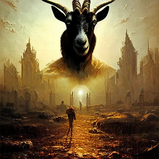 Image similar to goat in the painted world of resident evil and bruce pennington, head and shoulders masterpiece, apocalypse, golden hour, cosmic horror, artstation, in the style of goya and bosch, extremely detailed