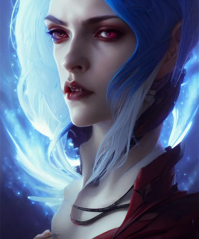 Image similar to futuristic vampires portrait, sci-fi, fire eyes, face, short blue hair, fantasy, intricate, elegant, highly detailed, digital painting, artstation, concept art, smooth, sharp focus, illustration, art by artgerm and greg rutkowski and alphonse mucha