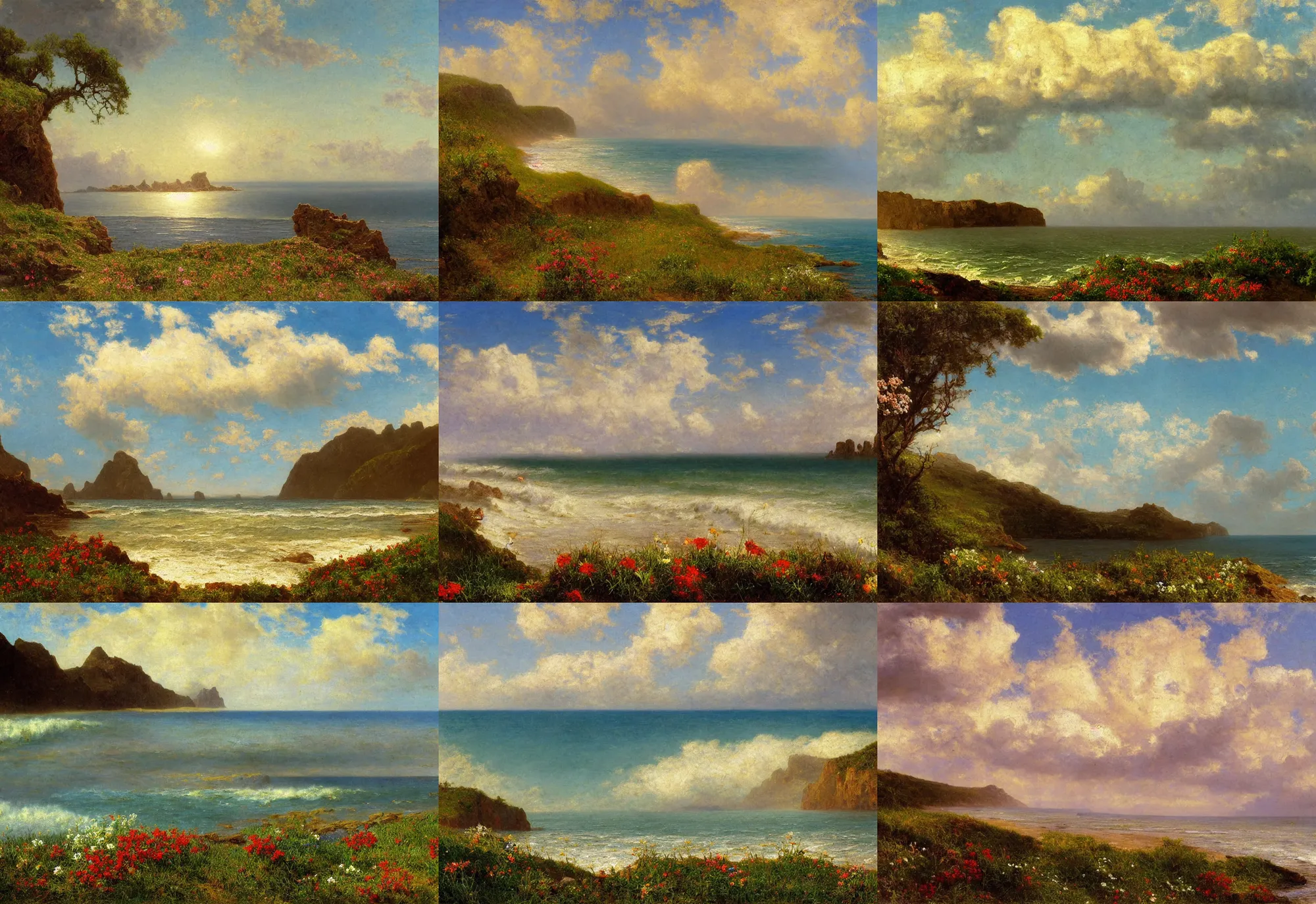 Image similar to a rugged seascape painting of a remote beach, perfect spring day with beautiful white clouds, colorful wildflowers, painting by albert bierstadt, early morning light