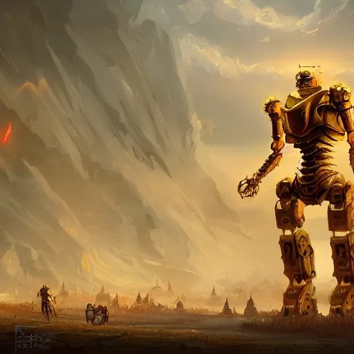 Image similar to a giant golden robot, fighting an army of skeletons, highly detailed landscape, digital painting, artstation, concept art, smooth, sharp focus ilustration, Artstation HQ