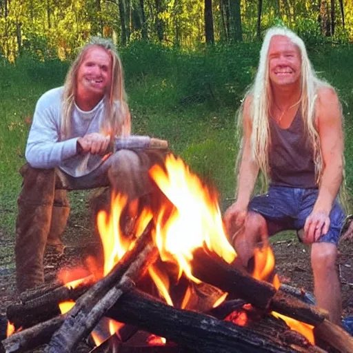 Image similar to photo of hillbilly smiling with long blonde hair near a bonfire