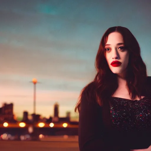 Image similar to a still of KAT DENNINGS. Shallow depth of field. City at night in background, lights, colors ,studio lighting, mood, 4K. Profession photography