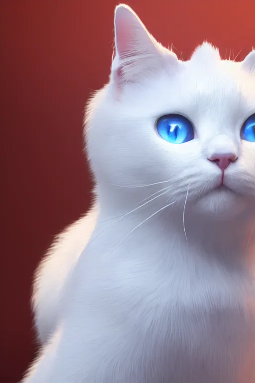 Image similar to a white cat with blue eyes wearing a red formal overcoat, hyperrealistic, concept art, octane render, unreal engine 5, realistic and defined face, profile picture, digital art, pixar and disney style, symmetrical, high quality, highly detailed, high coherence, path traced, house background, low contrast, beautiful, elegant clothes