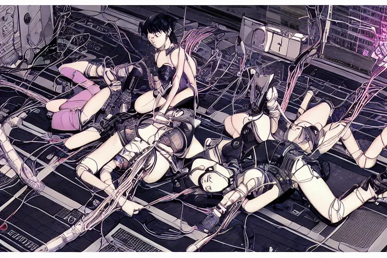 Prompt: a cyberpunk illustration of a group of coherent female androids in style of masamune shirow, lying on an empty, white floor with their bodies broken scattered rotated in different poses and cables and wires coming out, by yukito kishiro and katsuhiro otomo, hyper-detailed, intricate