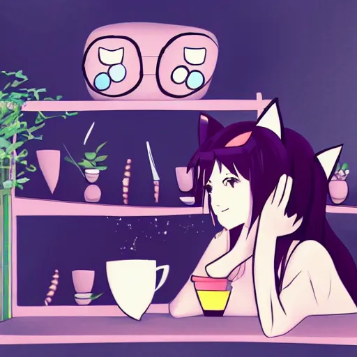 Prompt: anime cute girl with cat ears and cat tail sitting in a cafe looking at camera, moescape, studio ghibli, digital art, clean lines, cartoon