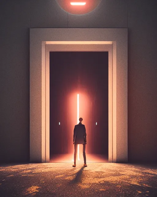 Image similar to a person standing in front of an open door, poster art by mike winkelmann, trending on cg society, space art, sci - fi, ue 5, futuristic, volumetric lighting