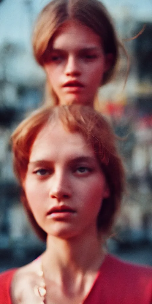 Image similar to film photography from 7 0 s, close - up portrait, young fashion model, red room, soft light, golden hour, in style of street photography from 1 9 7 0