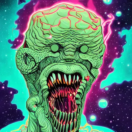 Image similar to digital painting of an elder god in space by Tomer Hanuka, hyperdetailed, cosmic horror, vivid colors, trending on Artstation