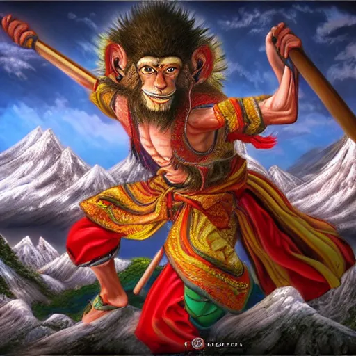 Image similar to a fantasy tibetan thangka of wukong by bob ross, HD, 8k, vray,