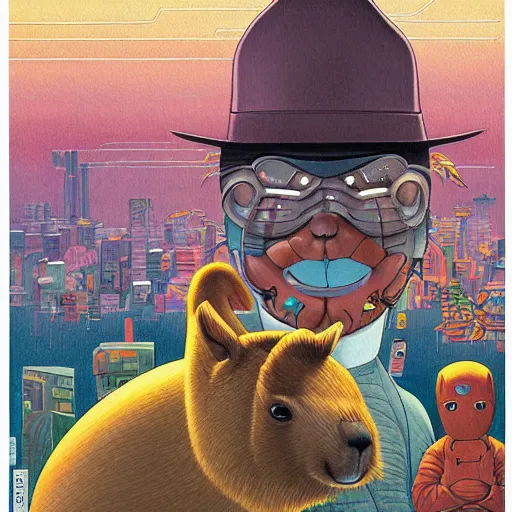 Prompt: a detailed painting of a capybara superhero by casey weldon by studio ghibli, new contemporary art, comic book illustration, anime